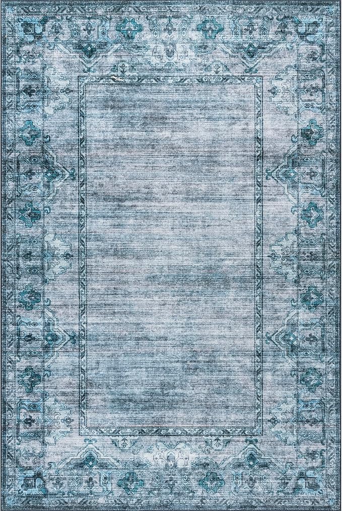nuLOOM Eveline Distressed Persian Machine Washable Ultra Thin Area Rug, 8' x 10', Blue
