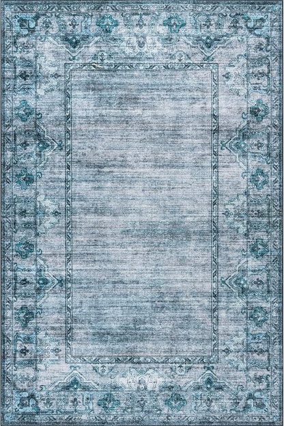 nuLOOM Eveline Distressed Persian Machine Washable Ultra Thin Area Rug, 8' x 10', Blue