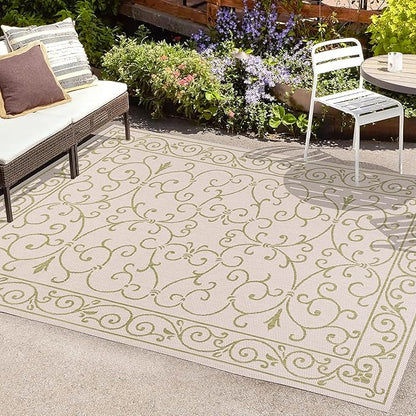 JONATHAN Y Vintage Filigree Indoor Outdoor Area Rug 5X8 Cream/Green, Charleston Textured Weave for Backyard, Patio, Porch, Easy-Cleaning, High Traffic, Pet-Friendly, Non-Shedding (SMB106I-5)