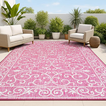 JONATHAN Y Vintage Filigree Indoor Outdoor Area Rug 5X8 Fuchsia/Light Gray, Charleston Textured Weave for Backyard, Patio, Porch, Easy-Cleaning, High Traffic, Pet-Friendly, Non-Shedding (SMB106J-5)