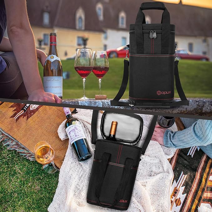 Opux 4 Bottle Insulated Wine Cooler Bag - Leakproof Padded Portable Wine Bottle Carrier for Travel Picnic BYOB Gift (Black)