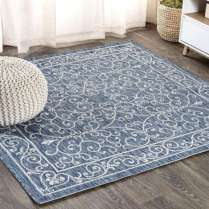 JONATHAN Y Vintage Filigree Indoor Outdoor Square Area Rug 9X9 Navy/Gray, Charleston Textured Weave for Backyard, Patio, Porch, Easy-Cleaning, High Traffic, Pet-Friendly, Non-Shedding (SMB106D-9SQ)