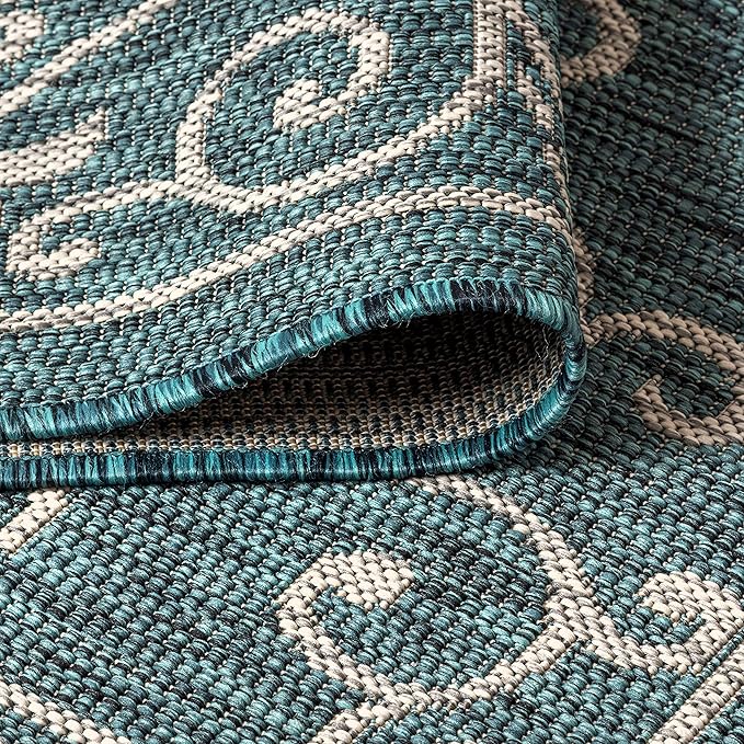 JONATHAN Y Vintage Filigree Indoor Outdoor Square Area Rug 8X8 Teal/Gray, Charleston Textured Weave for Backyard, Patio, Porch, Easy-Cleaning, High Traffic, Pet-Friendly, Non-Shedding (SMB106F-8SQ)