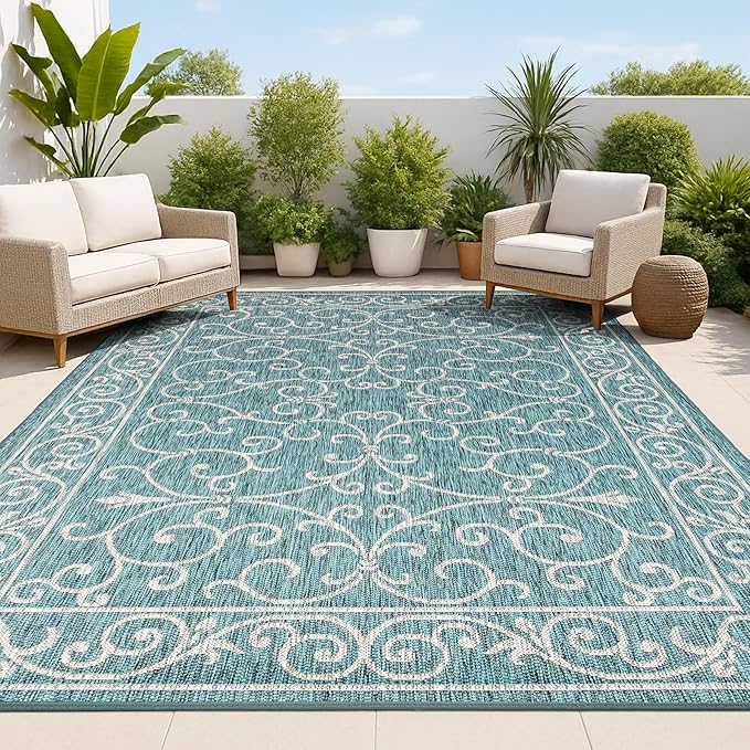 JONATHAN Y Vintage Filigree Indoor Outdoor Area Rug 9X12 Teal/Gray, Charleston Textured Weave for Backyard, Patio, Porch, Easy-Cleaning, High Traffic, Pet-Friendly, Non-Shedding (SMB106F-9)