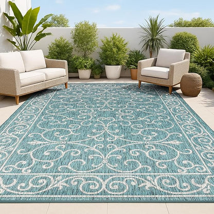 JONATHAN Y Vintage Filigree Indoor Outdoor Area Rug 9X12 Teal/Gray, Charleston Textured Weave for Backyard, Patio, Porch, Easy-Cleaning, High Traffic, Pet-Friendly, Non-Shedding (SMB106F-9)