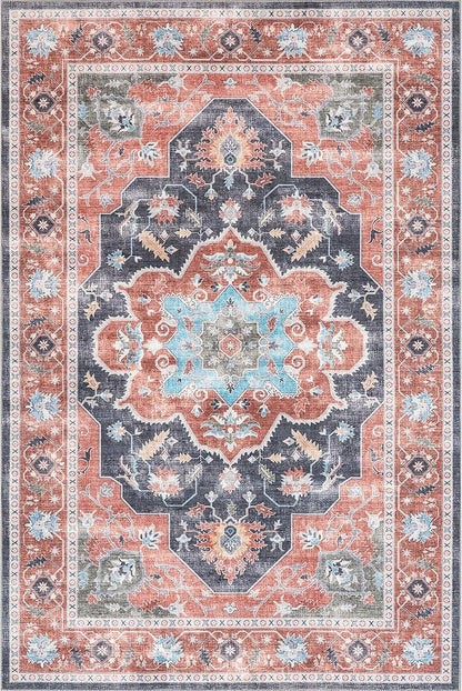 nuLOOM Jay Persian Medallion Machine Washable Ultra Thin Area Rug, 8' x 10', Red