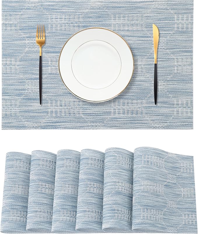 Leetaltree Alice Blue Placemats Set of 6 - Heat Resistant Non-Slip Place mats for Dining Table, Washable Durable PVC Vinyl Woven Table Mats（Jacquard Blue, 6）