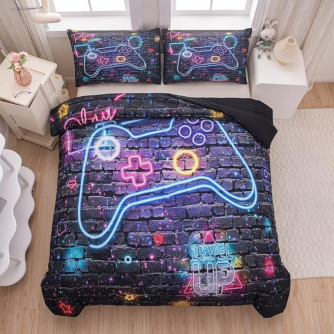 NINENINE Gaming Bedding Sets for Boys 5PCS Queen Size Comforter Gamer Contoller Video Bed in A Bag Kids Teens Black Bedding Comforter Sheet Set(1Comforter, 1Flat Sheet, 1Fitted Sheet, 2Pillowcases)