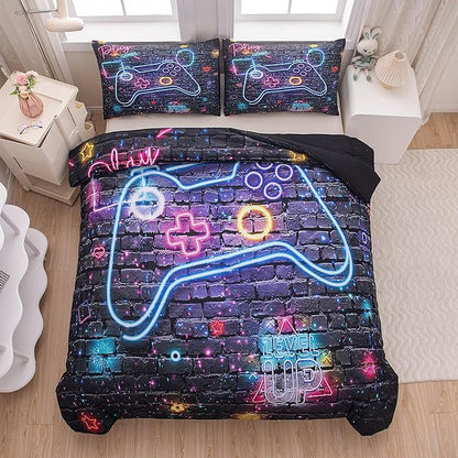 NINENINE Gaming Bedding Sets for Boys 5PCS Queen Size Comforter Gamer Contoller Video Bed in A Bag Kids Teens Black Bedding Comforter Sheet Set(1Comforter, 1Flat Sheet, 1Fitted Sheet, 2Pillowcases)