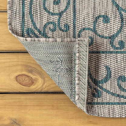 JONATHAN Y Vintage Filigree Indoor Outdoor Round Area Rug 6 Ft Gray/Teal, Charleston Textured Weave for Backyard, Patio, Porch, Easy-Cleaning, High Traffic, Pet-Friendly, Non-Shedding (SMB106E-6R)