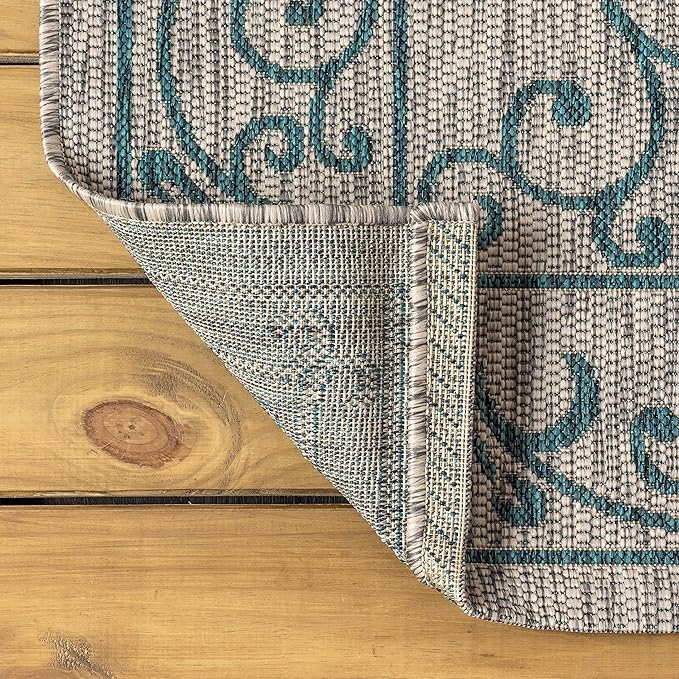 JONATHAN Y Vintage Filigree Indoor Outdoor Runner Rug 2X8 Gray/Teal, Charleston Textured Weave for Backyard, Patio, Porch, Easy-Cleaning, High Traffic, Pet-Friendly, Non-Shedding (SMB106E-28)