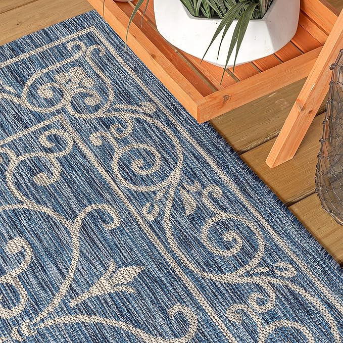 JONATHAN Y Vintage Filigree Indoor Outdoor Runner Rug 2X8 Navy/Gray, Charleston Textured Weave for Backyard, Patio, Porch, Easy-Cleaning, High Traffic, Pet-Friendly, Non-Shedding (SMB106D-28)