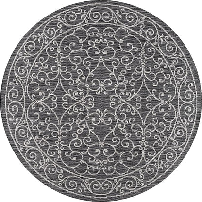 JONATHAN Y Vintage Filigree Indoor Outdoor Round Area Rug 8 Ft Black/Gray, Charleston Textured Weave for Backyard, Patio, Porch, Easy-Cleaning, High Traffic, Pet-Friendly, Non-Shedding (SMB106G-8R)