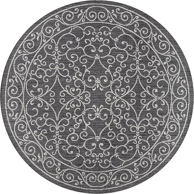 JONATHAN Y Vintage Filigree Indoor Outdoor Round Area Rug 3 Ft Black/Gray, Charleston Textured Weave for Backyard, Patio, Porch, Easy-Cleaning, High Traffic, Pet-Friendly, Non-Shedding (SMB106G-3R)