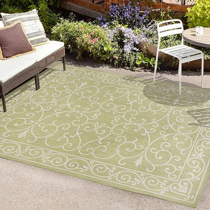 JONATHAN Y Vintage Filigree Indoor Outdoor Area Rug 4X6 Green/Cream, Charleston Textured Weave for Backyard, Patio, Porch, Easy-Cleaning, High Traffic, Pet-Friendly, Non-Shedding (SMB106H-4)