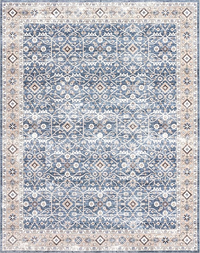 nuLOOM Shae Faded Persian Bordered Machine Washable Ultra Thin Area Rug, 8' x 10', Blue