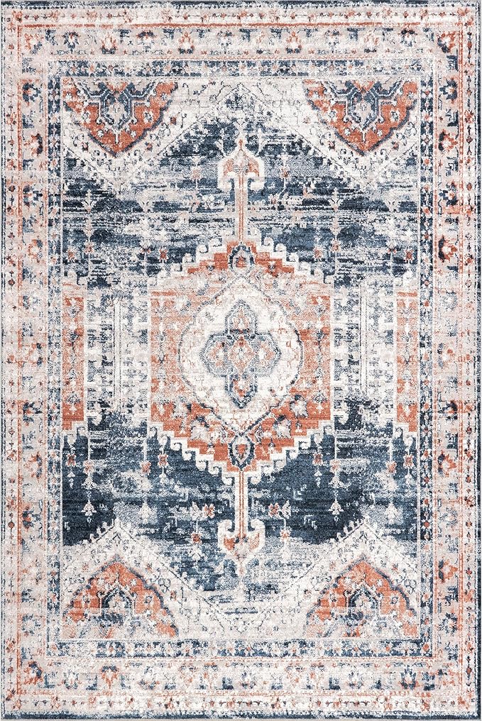 nuLOOM Evette Traditional Medallion Machine Washable Ultra Thin Area Rug, 8' x 10', Navy
