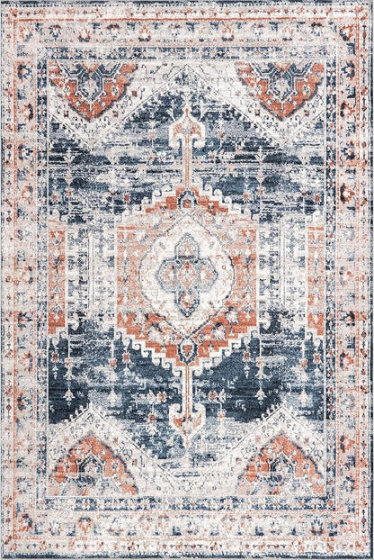 nuLOOM Evette Traditional Medallion Machine Washable Ultra Thin Area Rug, 8' x 10', Navy