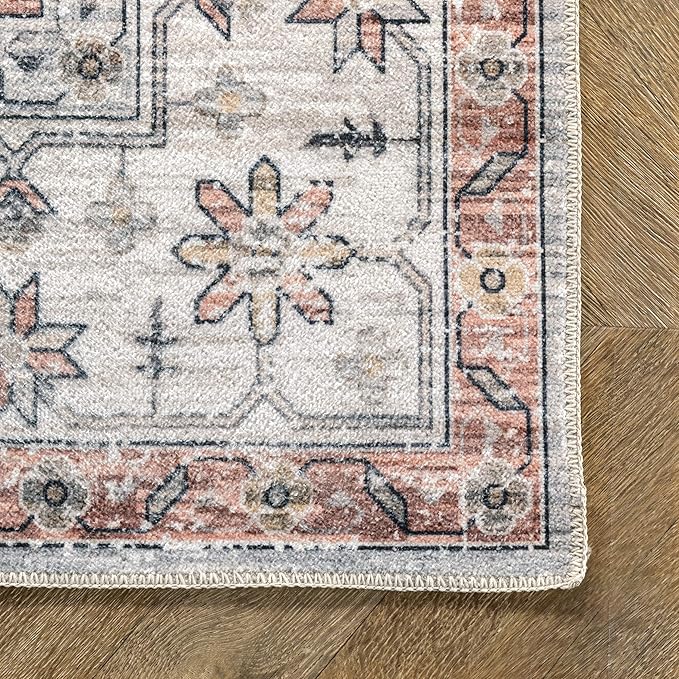 nuLOOM 5x8 Machine Washable Rain Haven Vintage Medallion Area Rug, Beige, Traditional Faded Design, Non-Slip Backing, Stain Resistant, For Bedroom, Dining Room, Living Room, Kitchen