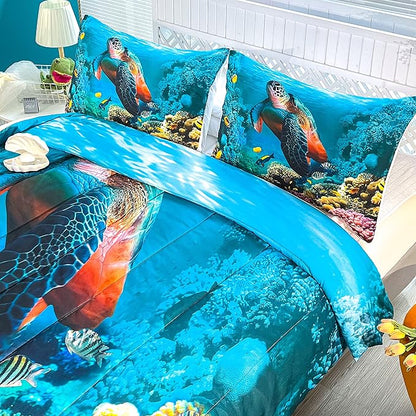 CVHOUSE Sea Turtle Bedding Set,Sea Turtle Comforter Queen,Ocean Beach Comforter Set for Boys Kids Girls,Ocean Quilt Set with 1 Comforter and 2 Pillow Cases