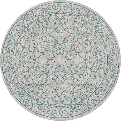 JONATHAN Y Vintage Filigree Indoor Outdoor Round Area Rug 9 Ft Gray/Teal, Charleston Textured Weave for Backyard, Patio, Porch, Easy-Cleaning, High Traffic, Pet-Friendly, Non-Shedding (SMB106E-9R)