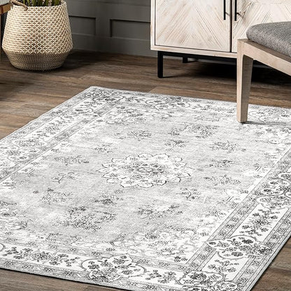 nuLOOM Ren Vintage Floral Machine Washable Ultra Thin Area Rug, 8x10, Grey