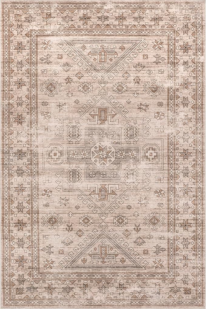 nuLOOM Amie Persian Border Machine Washable Ultra Thin Area Rug, 4' x 6', Light Brown