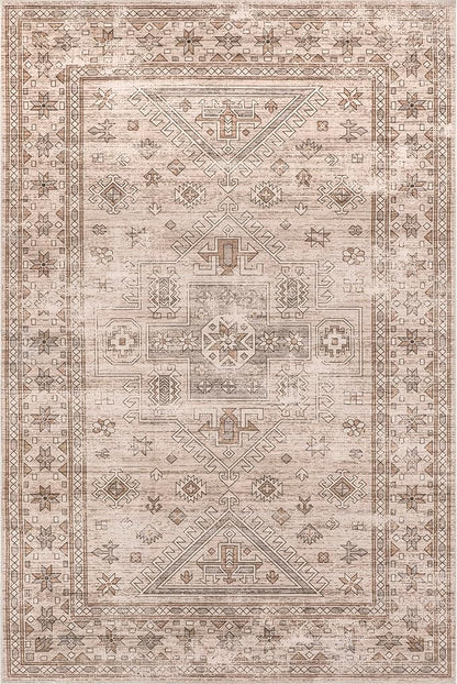 nuLOOM Amie Persian Border Machine Washable Ultra Thin Area Rug, 4' x 6', Light Brown
