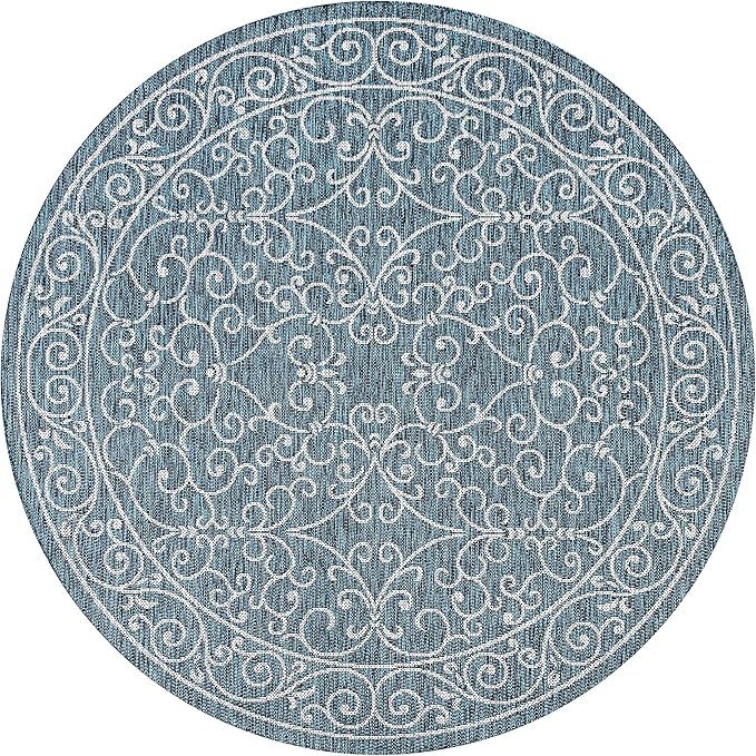 JONATHAN Y Vintage Filigree Indoor Outdoor Round Area Rug 9 Ft Teal/Gray, Charleston Textured Weave for Backyard, Patio, Porch, Easy-Cleaning, High Traffic, Pet-Friendly, Non-Shedding (SMB106F-9R)