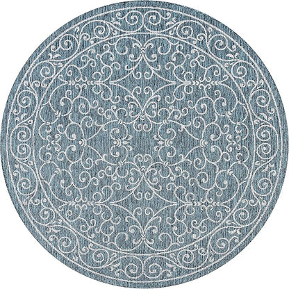 JONATHAN Y Vintage Filigree Indoor Outdoor Round Area Rug 9 Ft Teal/Gray, Charleston Textured Weave for Backyard, Patio, Porch, Easy-Cleaning, High Traffic, Pet-Friendly, Non-Shedding (SMB106F-9R)