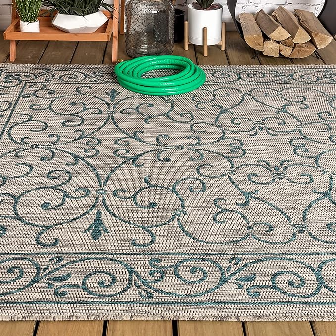 JONATHAN Y Vintage Filigree Indoor Outdoor Area Rug 3X5 Gray/Teal, Charleston Textured Weave for Backyard, Patio, Porch, Easy-Cleaning, High Traffic, Pet-Friendly, Non-Shedding (SMB106E-3)