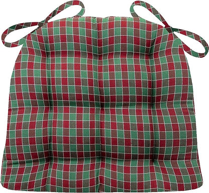 Barnett Home Decor Dining Chair Pad with Ties - Twin Check Red & Green - Size Medium 16.5 x 18 - Latex Foam Fill Dining Chair Cushion - Machine Washable, Reversible, Checkered Christmas Colors Medium