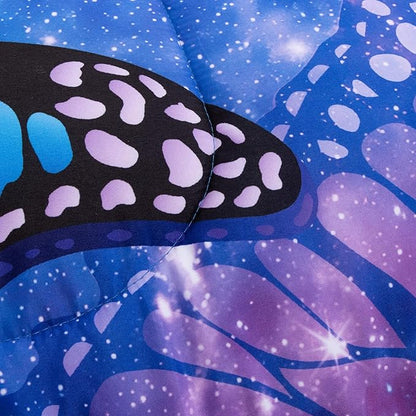 Btargot 3 Piece Butterfly Pattern Girls Comforter Set with 2 Pillow Covers, Galaxy Outer Space Printed Bedding Set for Women, Queen Purple Blue