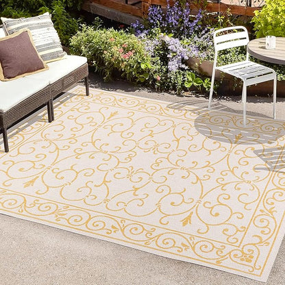 JONATHAN Y Vintage Filigree Indoor Outdoor Area Rug 9X12 Cream/Yellow, Charleston Textured Weave for Backyard, Patio, Porch, Easy-Cleaning, High Traffic, Pet-Friendly, Non-Shedding (SMB106M-9)
