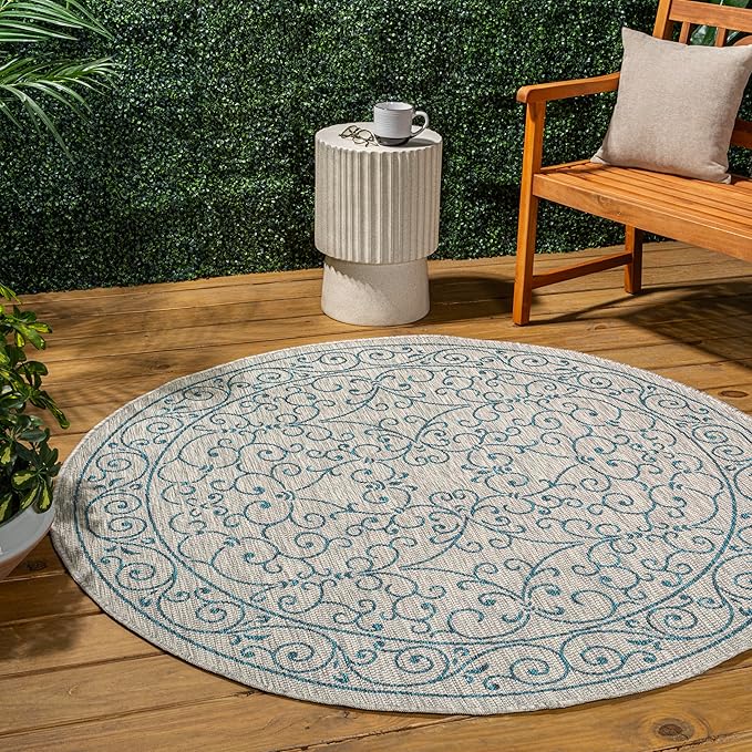 JONATHAN Y Vintage Filigree Indoor Outdoor Round Area Rug 6 Ft Gray/Teal, Charleston Textured Weave for Backyard, Patio, Porch, Easy-Cleaning, High Traffic, Pet-Friendly, Non-Shedding (SMB106E-6R)