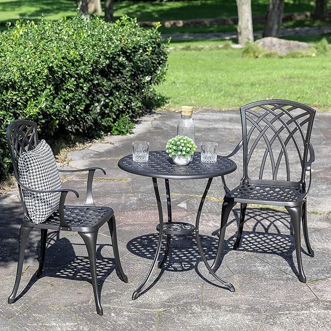 NUU GARDEN Patio Bistro Sets 3 Piece Cast Aluminum Bistro Table and Chairs Set with Umbrella Hole Bistro Set of 2 for Patio Backyard, Black