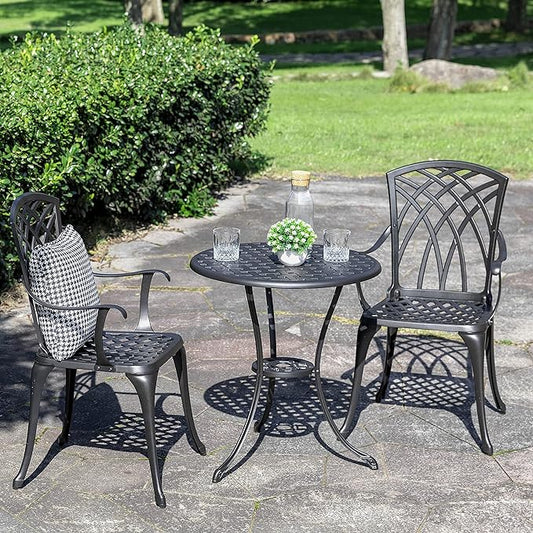 NUU GARDEN Patio Bistro Sets 3 Piece Cast Aluminum Bistro Table and Chairs Set with Umbrella Hole Bistro Set of 2 for Patio Backyard, Black