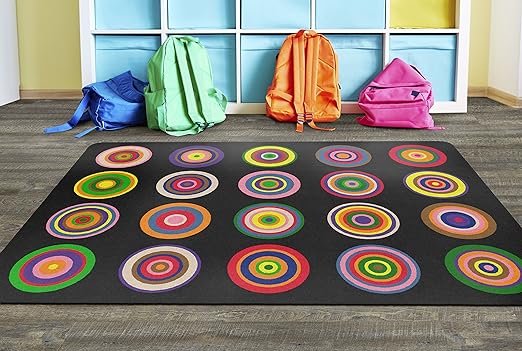 Flagship Carpets Color Rings Colorful Children's Area Rug for Kids Room Circle Seating Décor, Play Carpet for Teaching and Playing, Seats 20, 5'10" x 8'4", Black