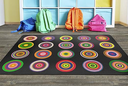 Flagship Carpets Color Rings Colorful Children's Area Rug for Kids Room Circle Seating Décor, Play Carpet for Teaching and Playing, Seats 20, 5'10" x 8'4", Black