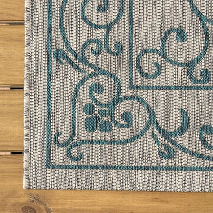 JONATHAN Y Vintage Filigree Indoor Outdoor Runner Rug 2X8 Gray/Teal, Charleston Textured Weave for Backyard, Patio, Porch, Easy-Cleaning, High Traffic, Pet-Friendly, Non-Shedding (SMB106E-28)