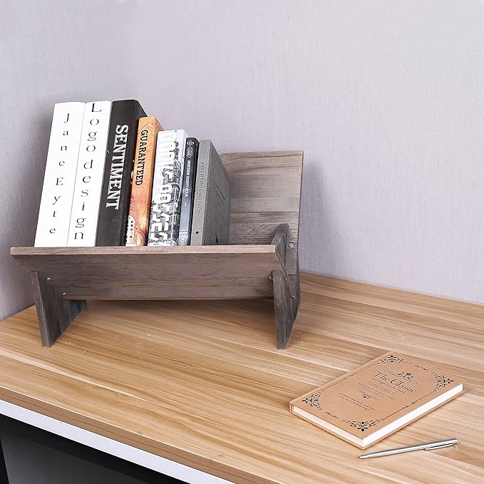 MyGift Rustic Barnwood Gray Desktop Bookcase with Tilted Design, Decorative Storage Organizer Display Bookshelf