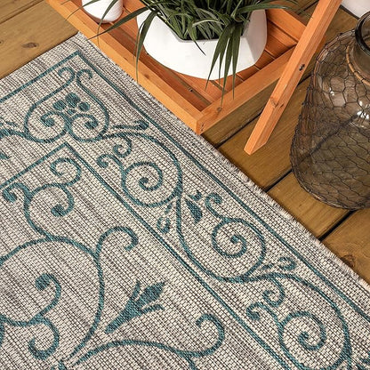 JONATHAN Y Vintage Filigree Indoor Outdoor Round Area Rug 6 Ft Gray/Teal, Charleston Textured Weave for Backyard, Patio, Porch, Easy-Cleaning, High Traffic, Pet-Friendly, Non-Shedding (SMB106E-6R)
