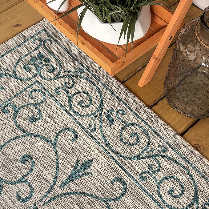 JONATHAN Y Vintage Filigree Indoor Outdoor Square Area Rug 6X6 Gray/Teal, Charleston Textured Weave for Backyard, Patio, Porch, Easy-Cleaning, High Traffic, Pet-Friendly, Non-Shedding (SMB106E-6SQ)