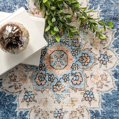 nuLOOM Ren Vintage Floral Machine Washable Ultra Thin Area Rug, 8x10, Blue