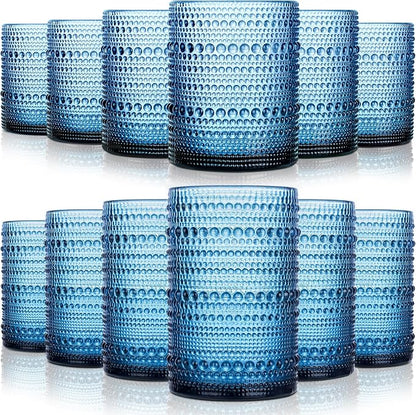 KMIGRUAN Hobnail Drinking Glasses Set of 12, 15Oz & 12Oz Cocktail Glasses | Blue-Vintage Highball Glasses, Embossed Beaded Water Glass Cups for Juice and Various Mixed Drinks, Kitchen Drinking Glasses