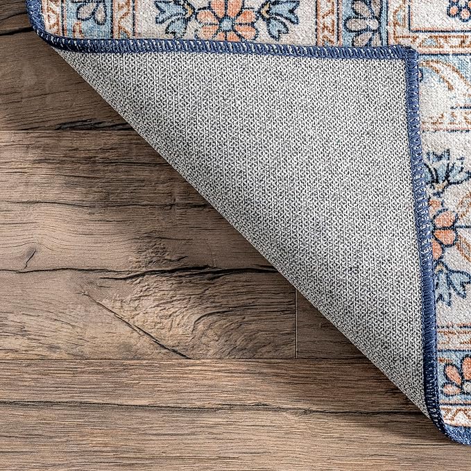 nuLOOM Ren Vintage Floral Machine Washable Ultra Thin Area Rug, 8x10, Blue