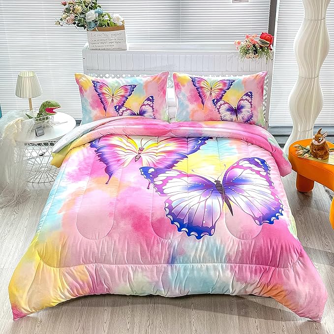 CVHOUSE Butterfly Bedding Set,Butterfly Comforter Full,Butterfly Comforter Set for Girls Kids Teens,Butterflies Quilt Set with 1 Comforter and 2 Pillow Cases