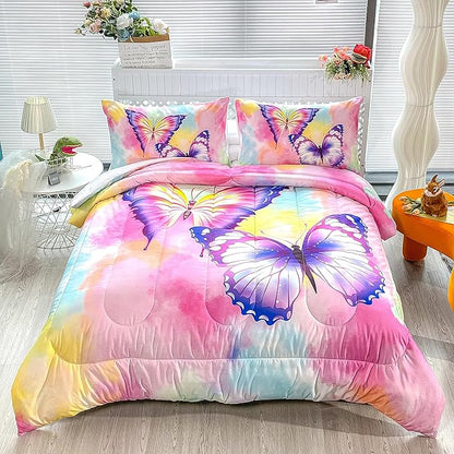 CVHOUSE Butterfly Bedding Set,Butterfly Comforter Full,Butterfly Comforter Set for Girls Kids Teens,Butterflies Quilt Set with 1 Comforter and 2 Pillow Cases