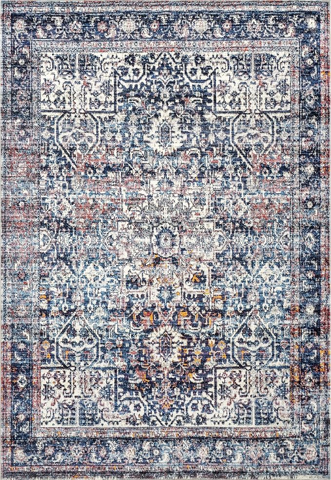 nuLOOM Kasi Vintage Persian Machine Washable Ultra Thin Area Rug, 5' x 8', Blue