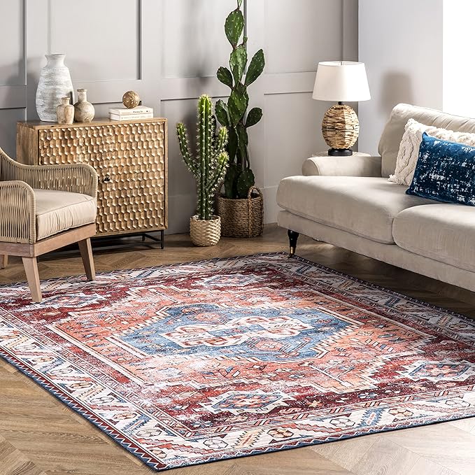 nuLOOM Marli Machine Washable Faded Medallion Ultra Thin Area Rug, 6' Square, Rust